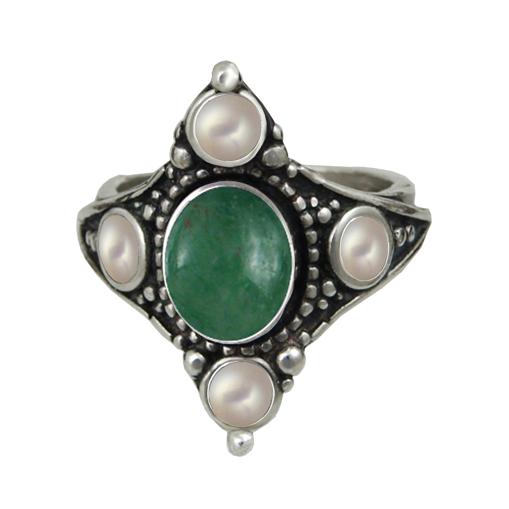 Sterling Silver Queen's Ring With Jade And Cultured Freshwater Pearl Size 12 Sterling Silver Queen's Ring With Jade And Cultured Freshwater Pearl Size 12